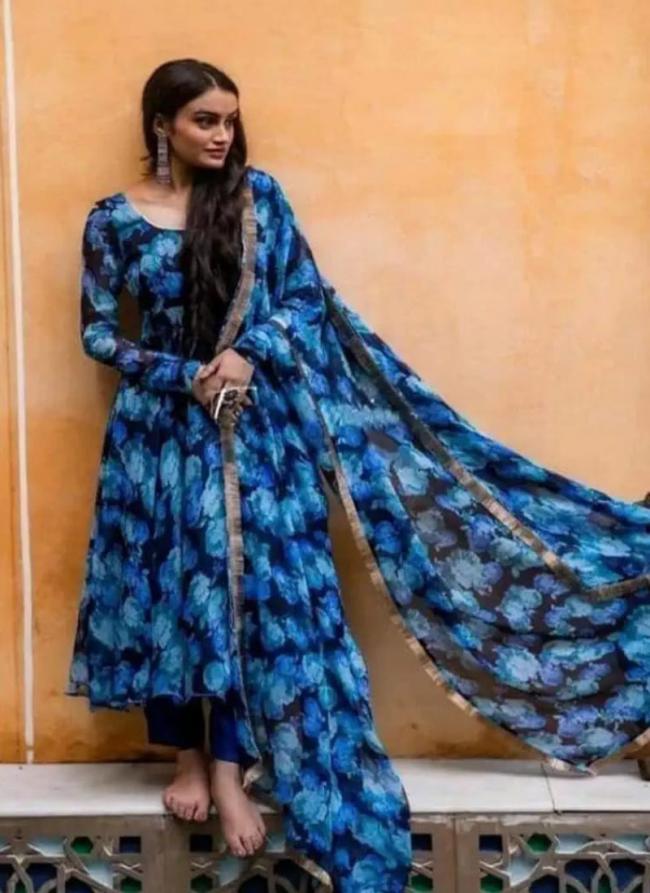 Geogette Blue Traditional Wear Printed Readymade Gown With Dupatta